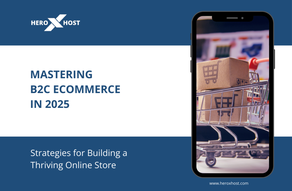 Smartphone displaying cardboard boxes in a shopping cart, representing online shopping, with text “Mastering B2C eCommerce in 2025 – Strategies for Building a Thriving Online Store” and HeroXHost branding.