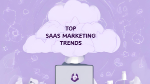Image of a big cloud with the words "Top SaaS Marketing Trends" written within it. Under the cloud is an individual on a desk with a laptop, which has a logo that is similar to a purple rocket or abstract symbol. The background is light purple with abstract line work and icons and providing a tech and cloud-computing feel.