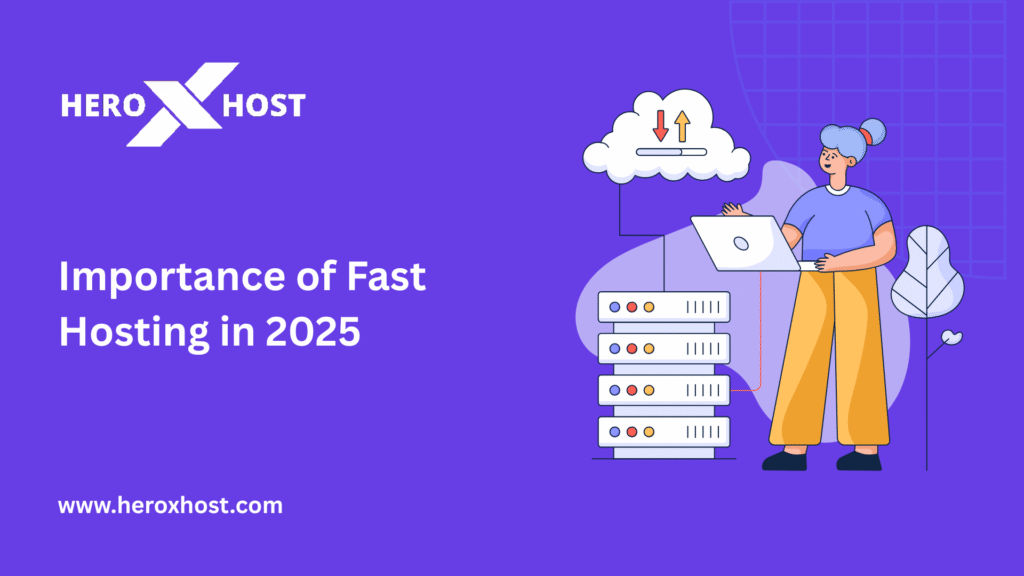 Illustration showing a person managing web servers and cloud hosting with the text “Importance of Fast Hosting in 2025” and Heroxhost branding.