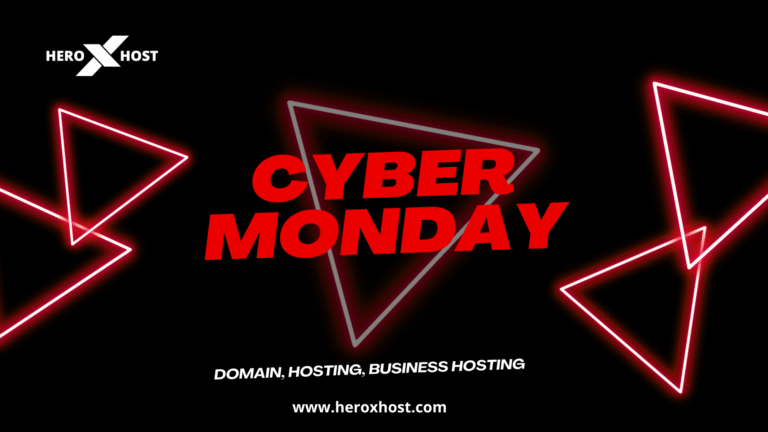 Cyber Monday neon banner with glowing red triangle outlines and HeroxHost branding promoting domain, hosting, and business hosting offers.