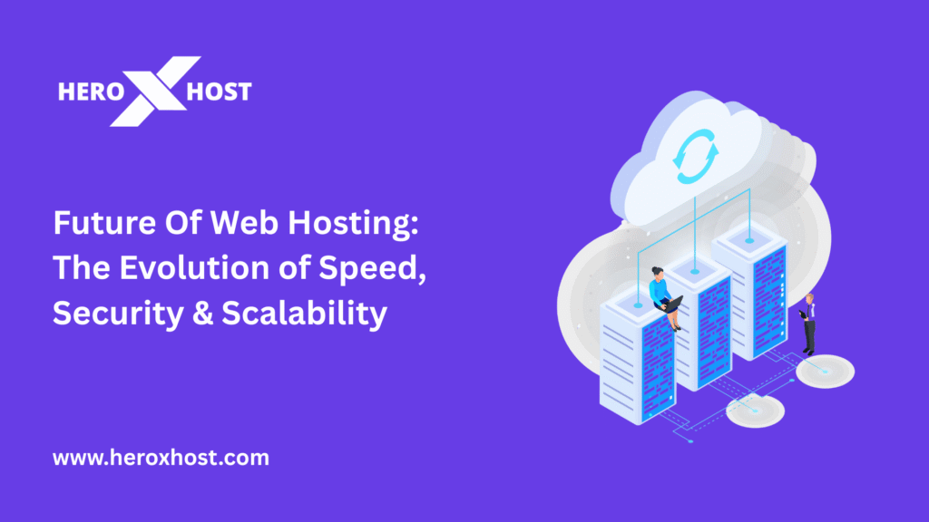 Future of web hosting illustration showing cloud servers, data synchronization, and professionals managing hosting infrastructure.