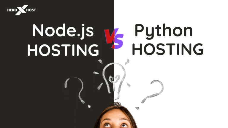 Illustration comparing Node.js hosting vs Python hosting with a split black-and-white background and question marks above a thinking person