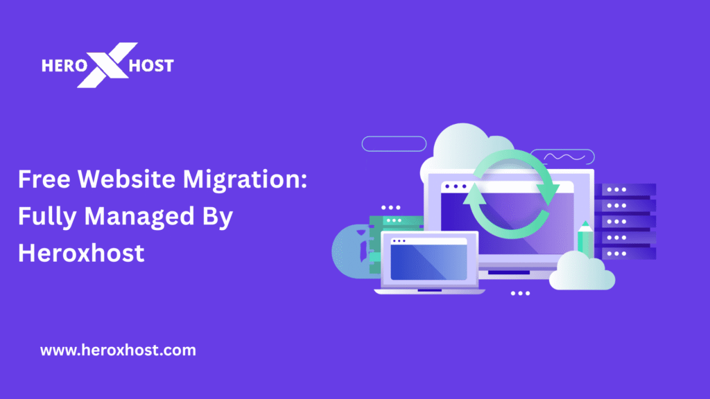 Illustration showing laptop, server, and cloud icons representing Free Website Migration fully managed by HeroxHost.