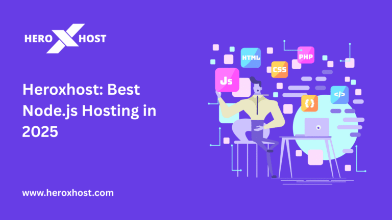 Illustration of developer managing Node.js, HTML, CSS, and PHP elements with laptop — promoting Heroxhost Node.js hosting in 2025.