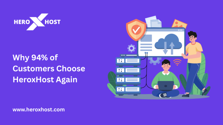 Illustration of two people managing cloud hosting servers with a shield icon representing security, alongside the text ‘Why 94% of Customers Choose HeroxHost Again’ and the HeroxHost logo on a purple background with website link www.heroxhost.com.