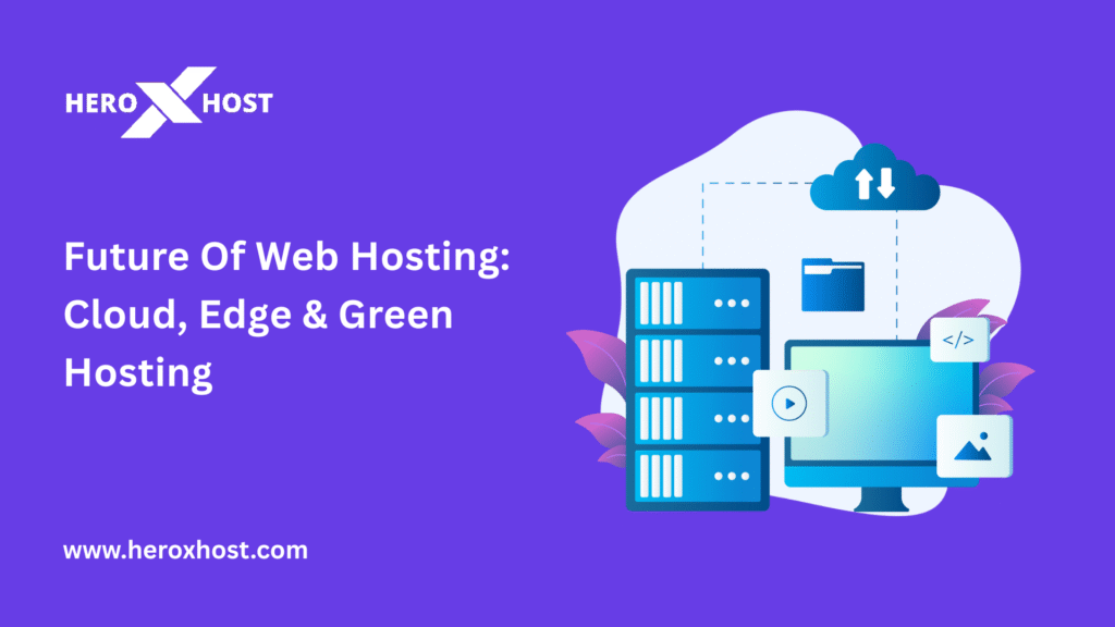Future of Web Hosting – Cloud, Edge, and Green Hosting illustration showing servers, cloud storage, and digital technology.