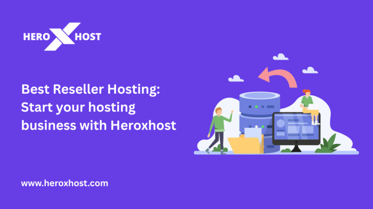 “Illustration of people working with servers, laptops, and hosting tools beside the Heroxhost logo with the text ‘Best Reseller Hosting: Start your hosting business with Heroxhost’ on a purple background.”