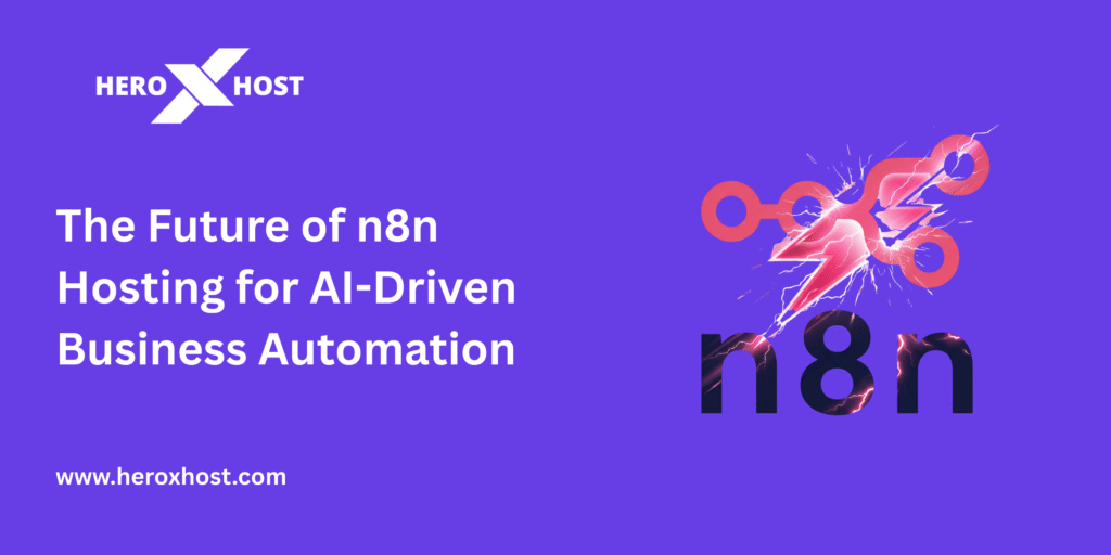 Future of n8n hosting for AI-driven business automation with lightning-powered workflow illustration and Heroxhost branding