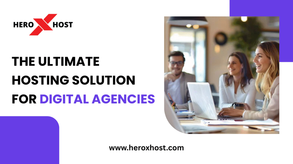 Team of digital agency professionals smiling and working on laptops in a modern office, representing Heroxhost’s ultimate hosting solution for agencies.