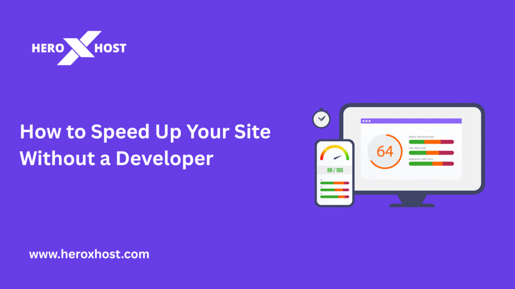 Website performance optimization illustration showing speed test scores on mobile and desktop for HeroxHost.