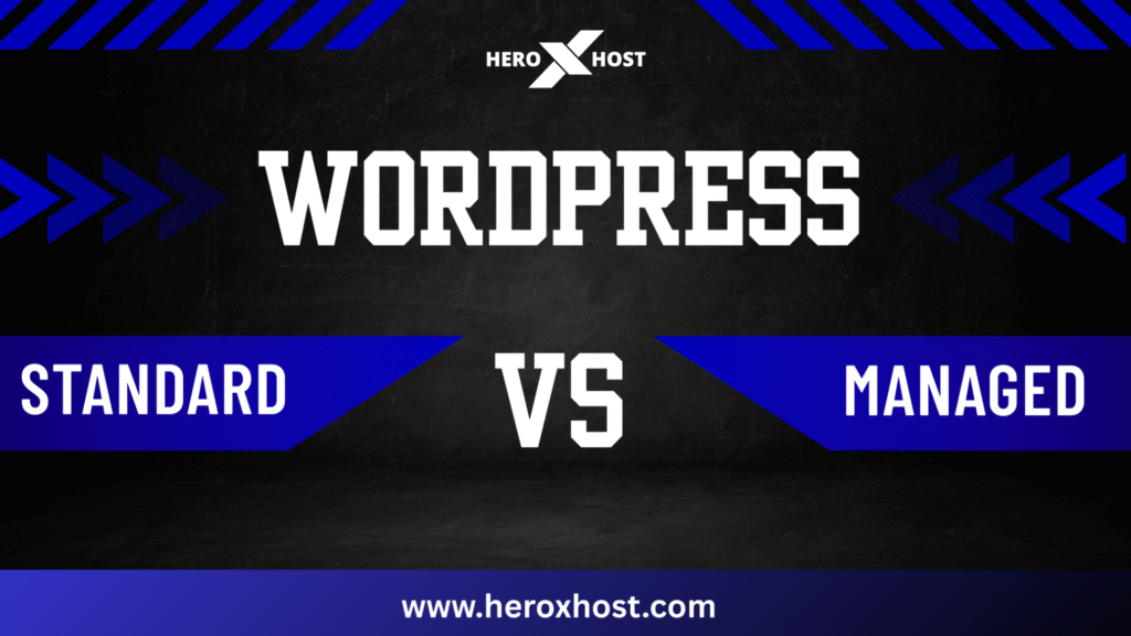 Comparison graphic showing Standard vs Managed WordPress hosting by Heroxhost with bold typography and dark blue background.