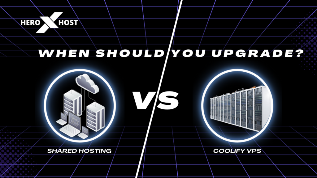 Shared Hosting vs Coolify VPS comparison image showing cloud-based shared servers on one side and high-performance Coolify VPS infrastructure on the other, designed by Heroxhost.