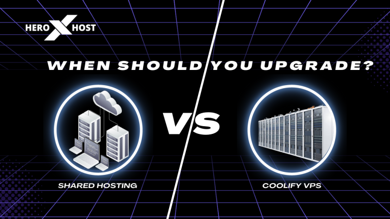 Shared Hosting vs Coolify VPS comparison image showing cloud-based shared servers on one side and high-performance Coolify VPS infrastructure on the other, designed by Heroxhost.