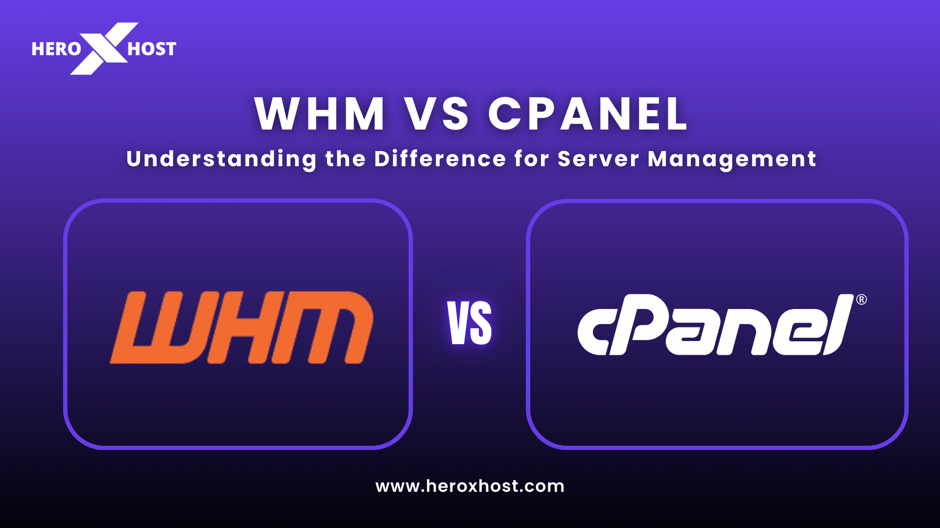 WHM vs cPanel comparison graphic showing WHM and cPanel logos side by side for server management