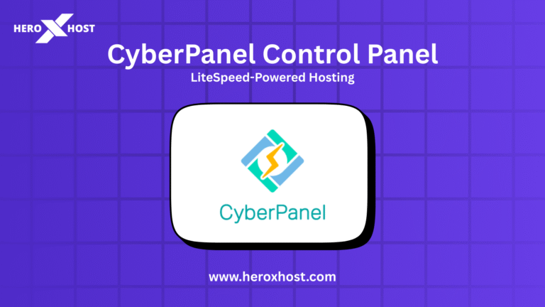 CyberPanel logo centered on a purple Heroxhost-branded thumbnail, representing a LiteSpeed-powered hosting control panel.
