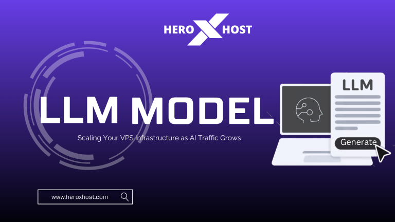 HeroXHost banner featuring “LLM Model – Scaling Your VPS Infrastructure as AI Traffic Grows” with AI laptop illustration and generate button on a purple background.