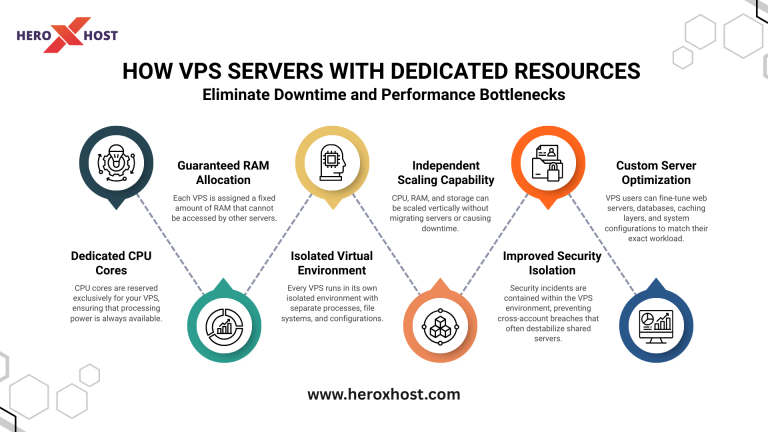 Infographic showing how VPS servers with dedicated CPU, RAM, isolation, scaling, and security eliminate downtime and performance bottlenecks