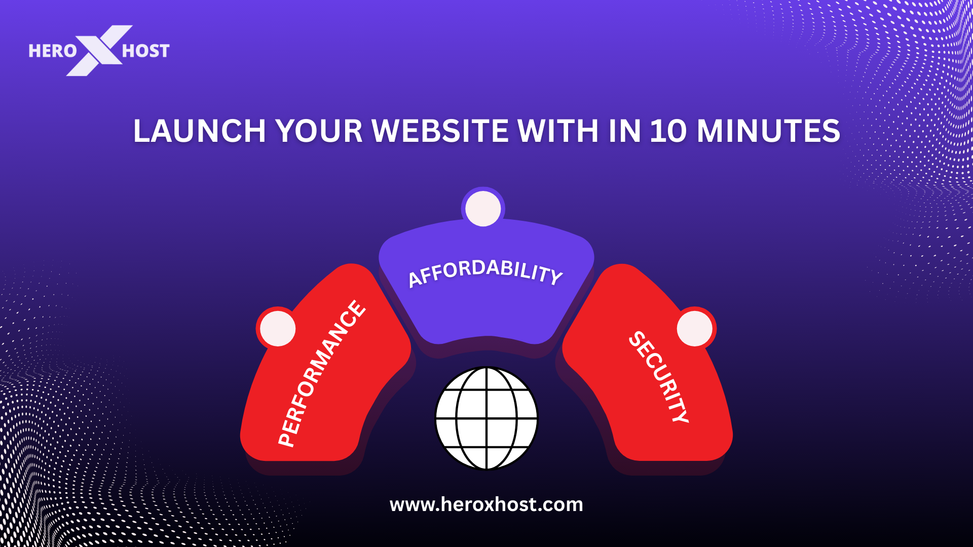 HeroXHost banner showing launch your website within 10 minutes highlighting performance, affordability, and security benefits.