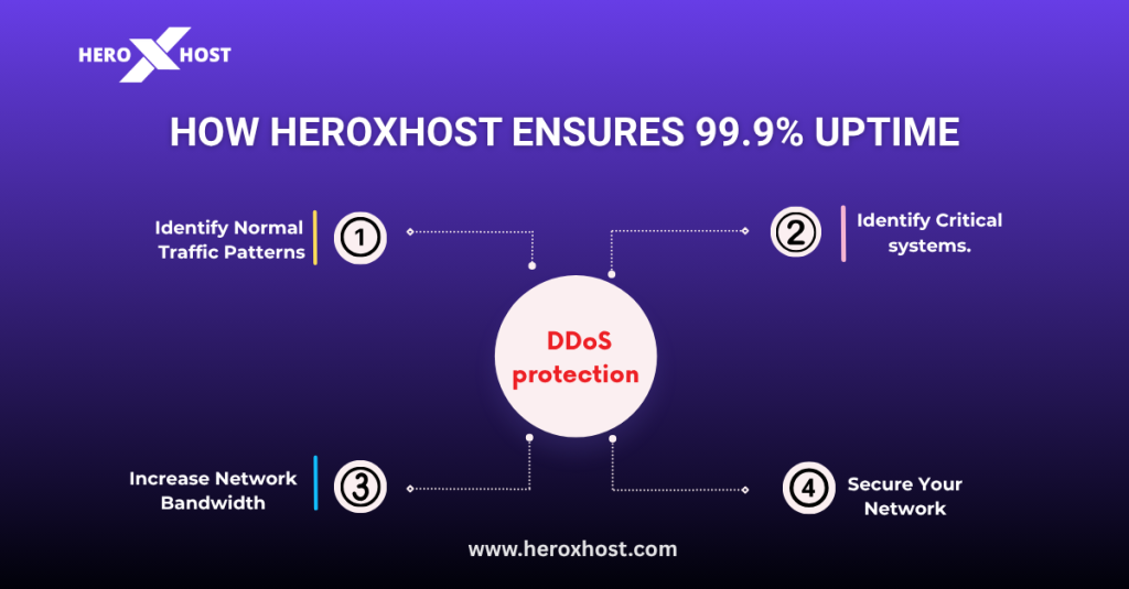 DDoS protection process showing how HeroXHost ensures 99.9% uptime through traffic analysis, system monitoring, bandwidth scaling, and network security