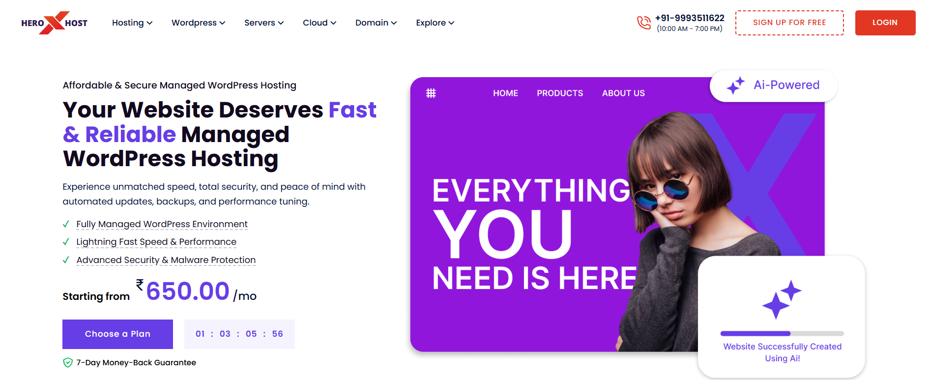 Heroxhost managed WordPress hosting landing page showing fast and reliable hosting features, security protection, lightning speed performance, and affordable pricing starting at ₹650 per month.