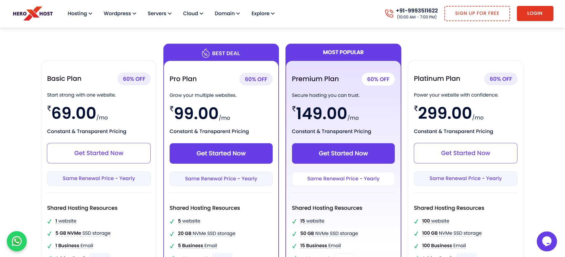 Heroxhost shared hosting plans pricing table with Basic, Pro, Premium and Platinum plans starting at ₹69 per month