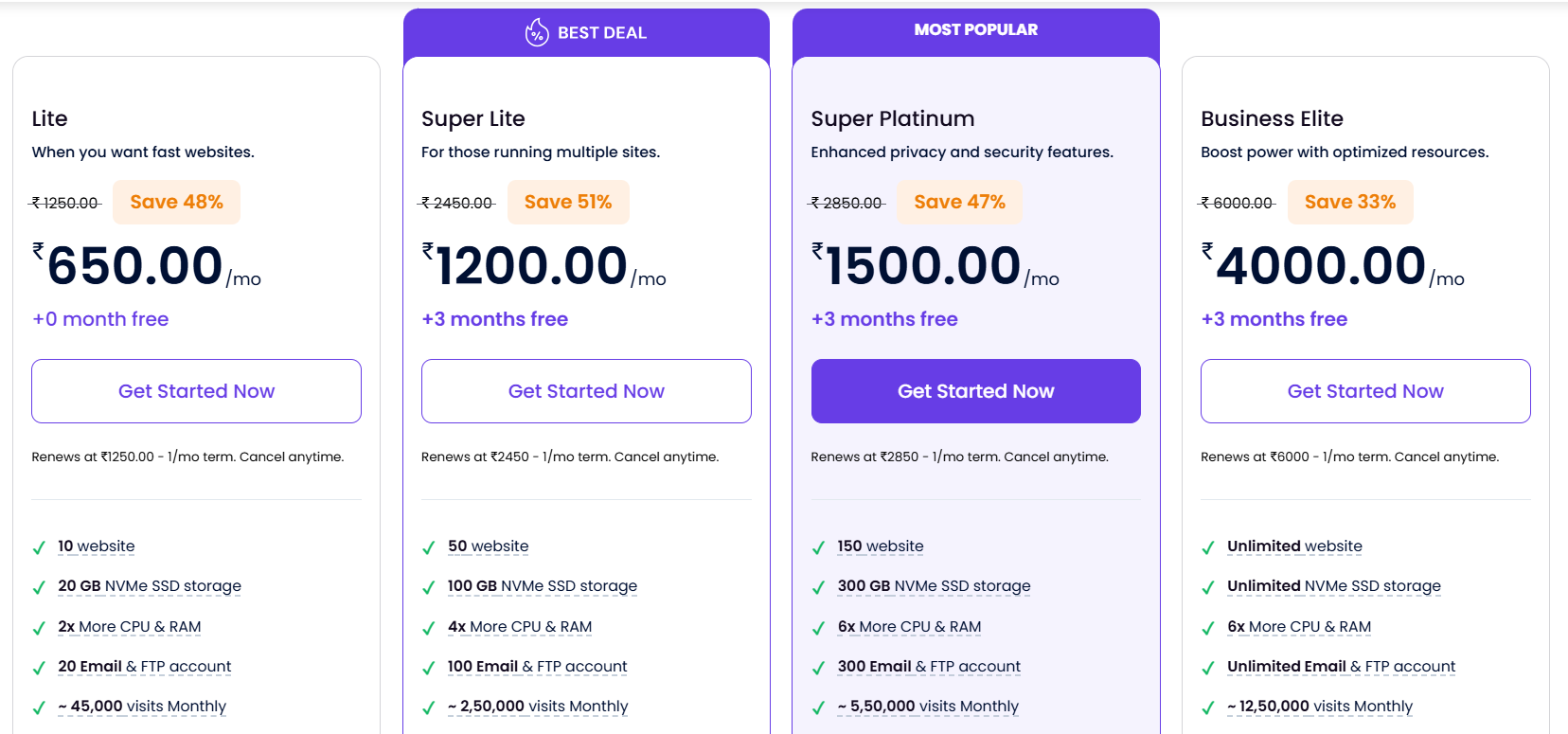 HeroxHost web hosting pricing plans showing Lite, Super Lite, Super Platinum and Business Elite packages with NVMe SSD storage and monthly pricing