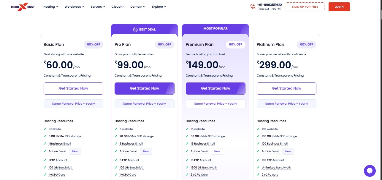 HeroxHost web hosting pricing plans showing Basic, Pro, Premium, and Platinum plans with features, storage, bandwidth, and monthly pricing.