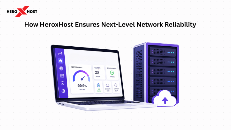 HeroxHost network reliability dashboard showing 99.9% uptime with server and cloud hosting illustration