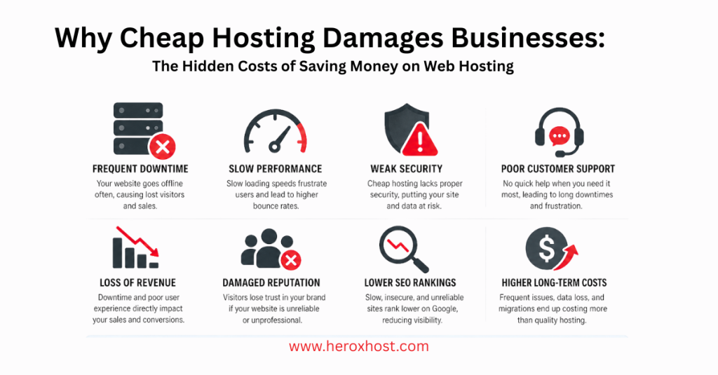 Why Cheap Hosting Damages Businesses infographic showing downtime, slow performance, weak security, poor support, SEO loss, revenue loss, and higher long-term costs