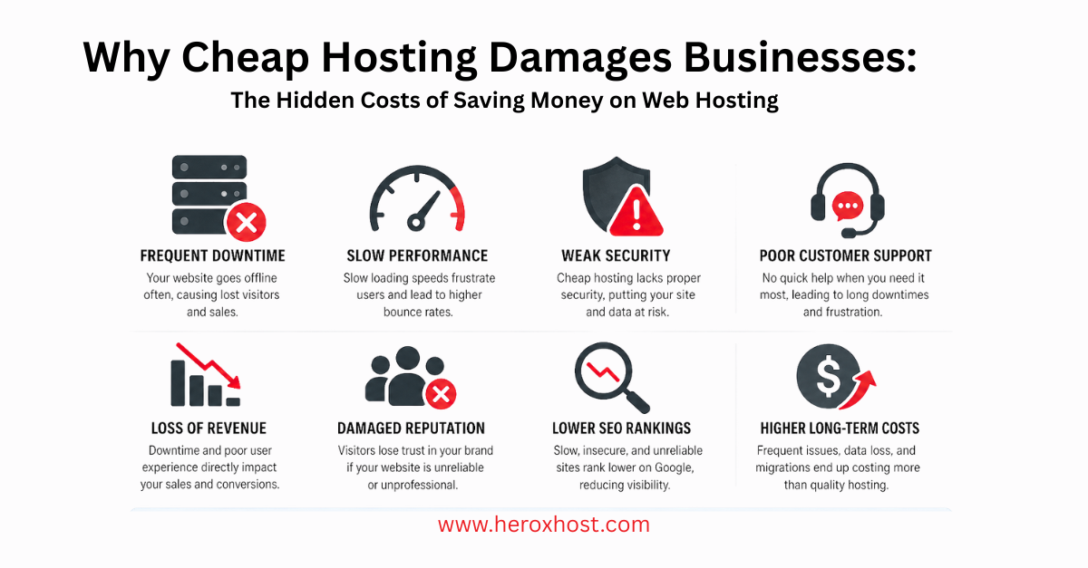 Why Cheap Hosting Damages Businesses infographic showing downtime, slow performance, weak security, poor support, SEO loss, revenue loss, and higher long-term costs