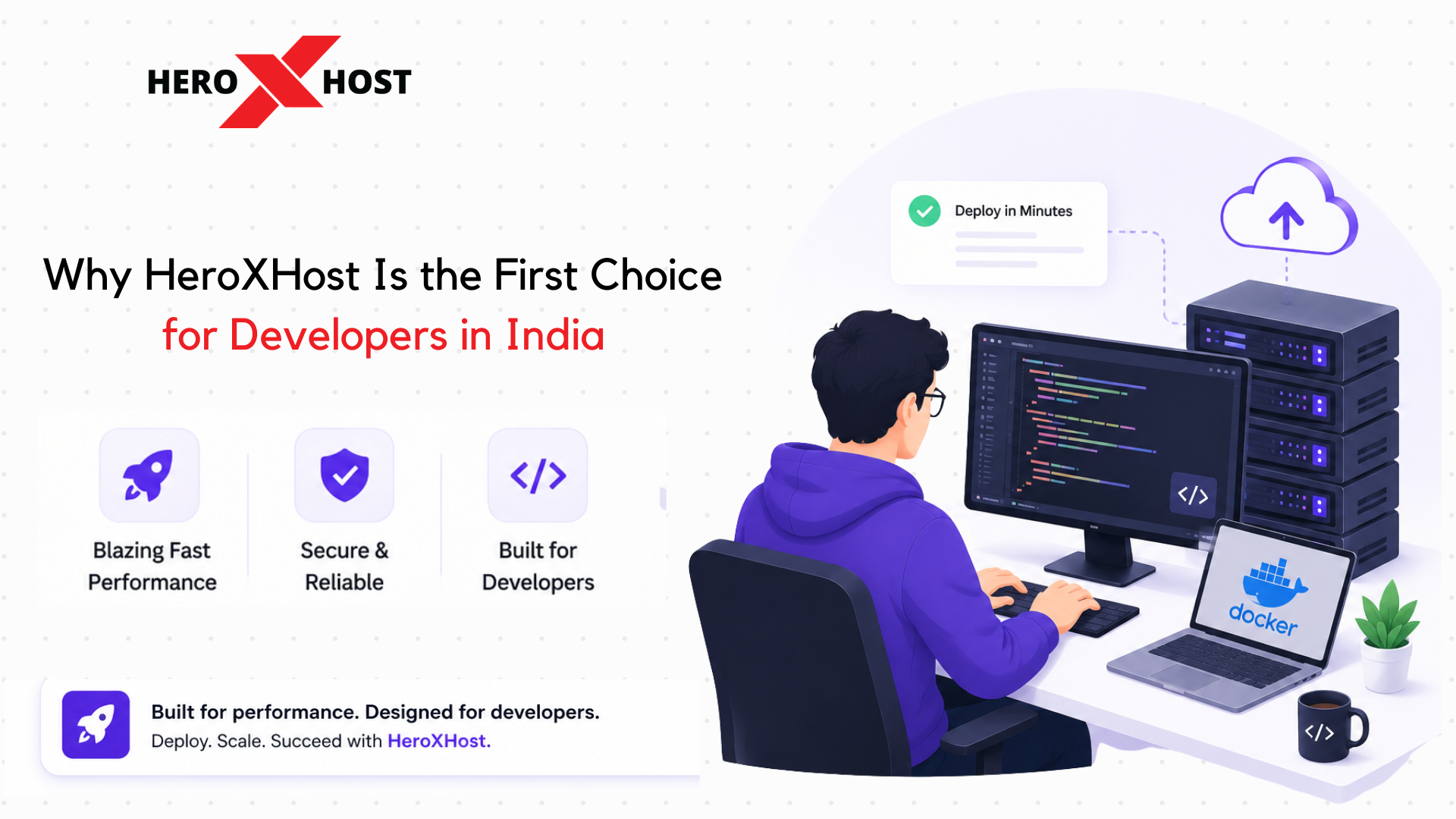 HeroXHost developer hosting illustration showing a programmer working on cloud servers with Docker support, fast performance, secure hosting, and scalable infrastructure for developers in India.