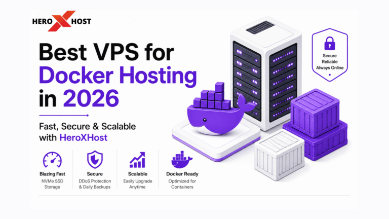 Best VPS for Docker Hosting in 2026 by HeroXHost featuring NVMe SSD speed, secure DDoS protection, scalable VPS infrastructure, and Docker-ready container hosting.