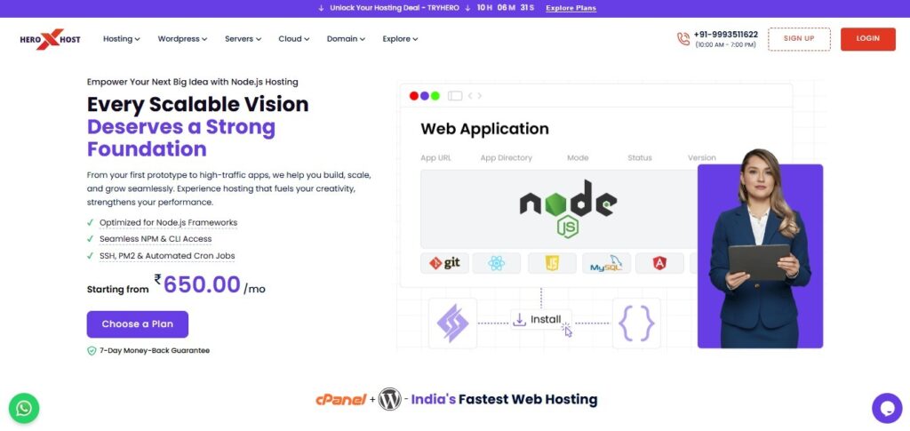 HeroXHost Node.js hosting dashboard showcasing scalable web application hosting with Node.js support, Git integration, React, MySQL, SSH access, PM2 management, and cloud deployment infrastructure.